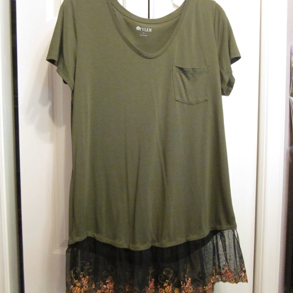 Upcycled Stylus Olive Lace Hem Tunic Sz XL